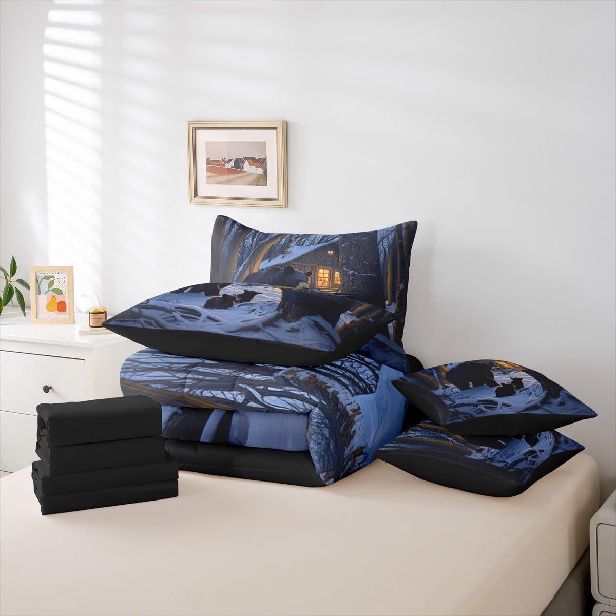 Erosebridal Black Bears 7 Piece Bedding Set Twin Cabin Comforter Set with Sheets Barrel Snow Woodland Trees Lights Bed in a Bag Winter Theme Wildlife Black for Kids Boys Girls