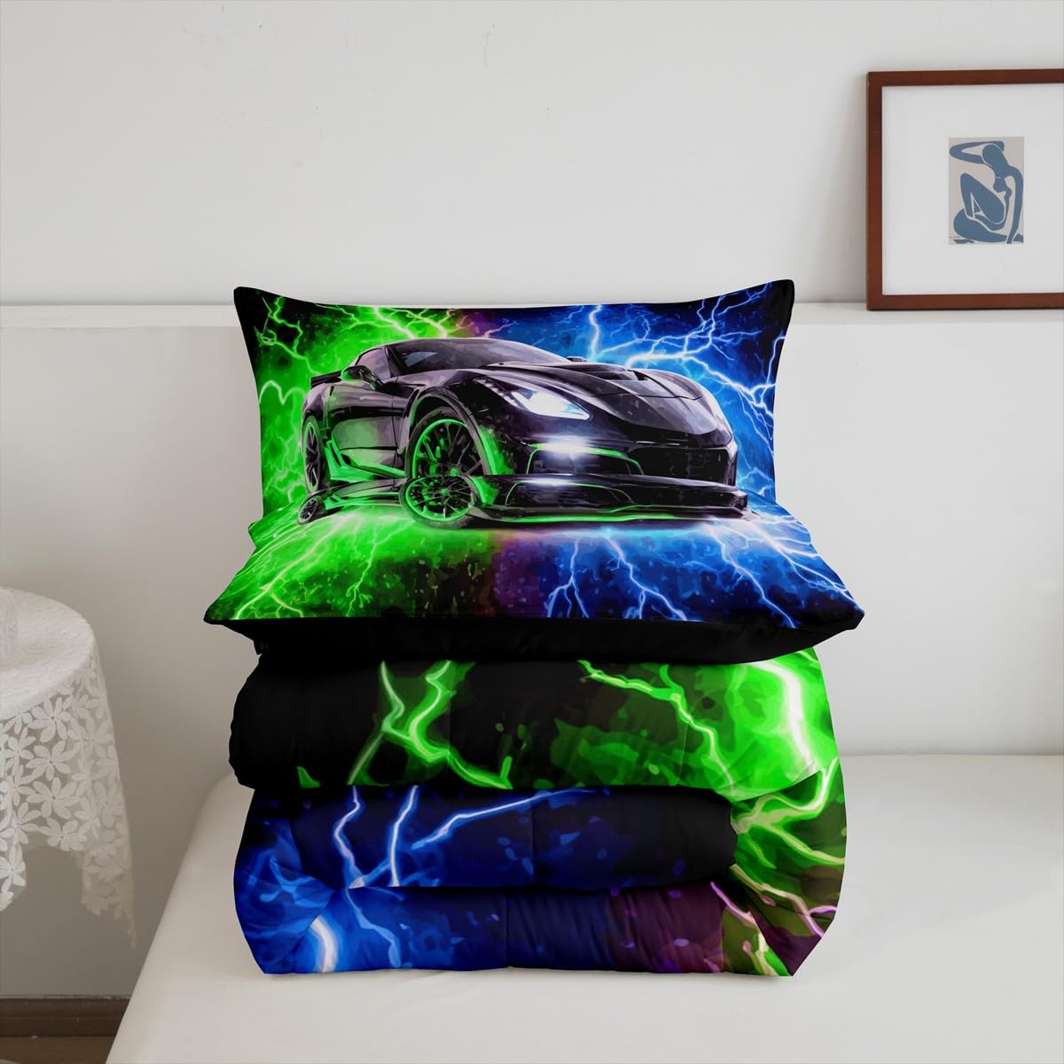 jejeloiu Race Car Kids Comforter Set Twin Size Automobile Bedding Set Blue Green Duvet Quilt for Kids Boys Girls Bedroom Speed Sports Car Decor Microfiber Ultra Soft Breathable