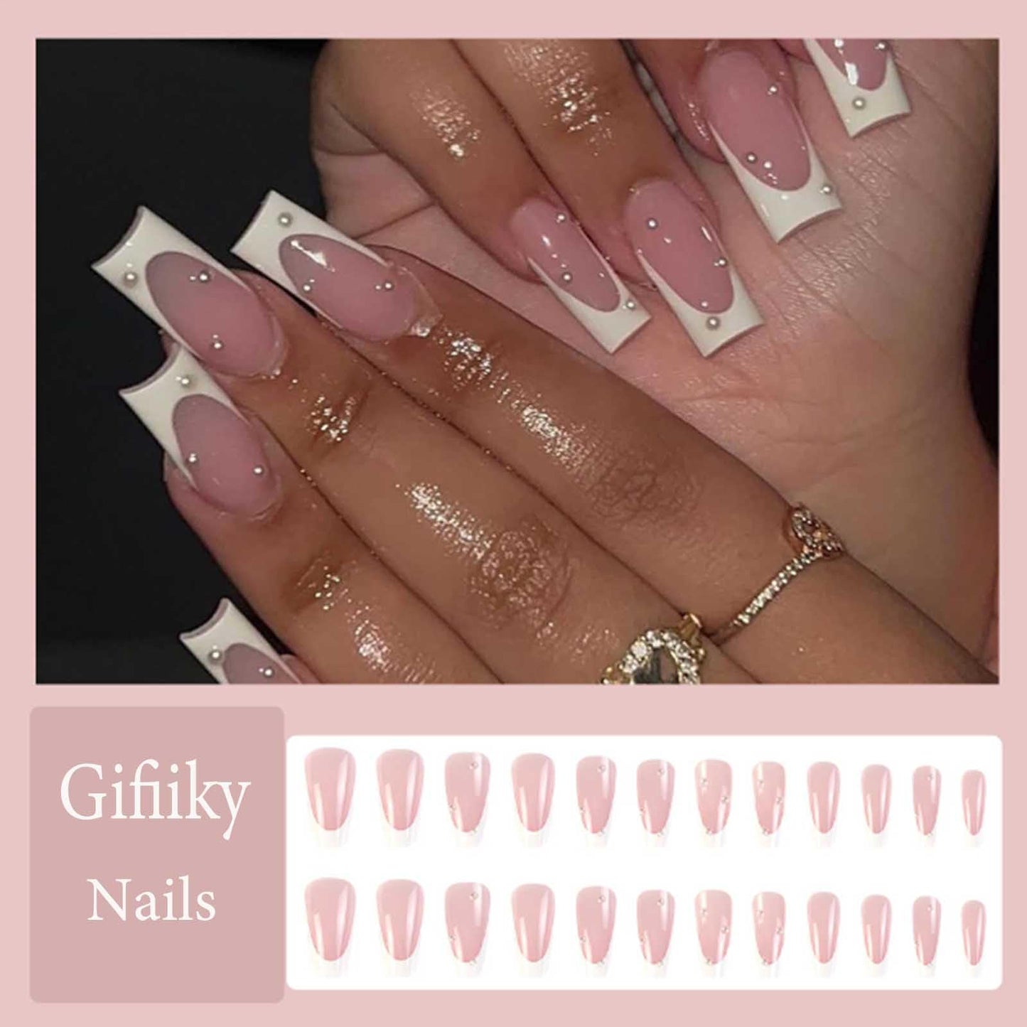 Gifiky White French False Nails Long Coffin Press on Nails Cute Pearls Nails Tips Acrylic Ballerina Fake Nails for Women and Girls 24Pcs