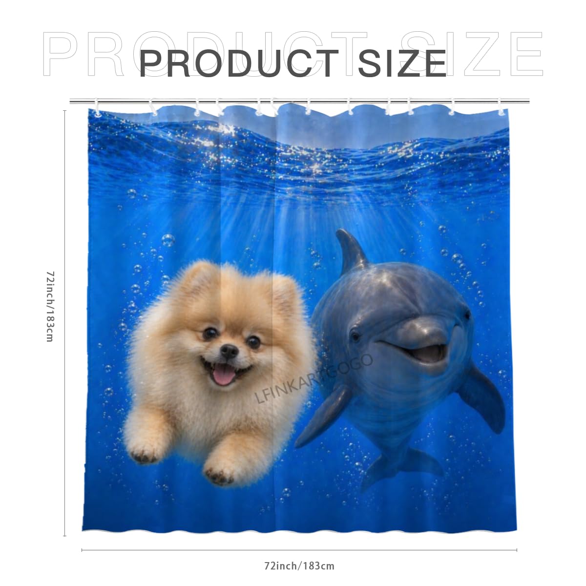 LFINKARTGOGO Ocean Pomeranian Shower Curtain 72x72 with 12 Hooks Underwater Animal Dolphin Waterproof Washable Polyester Bath Curtain for Home Hotel Decor