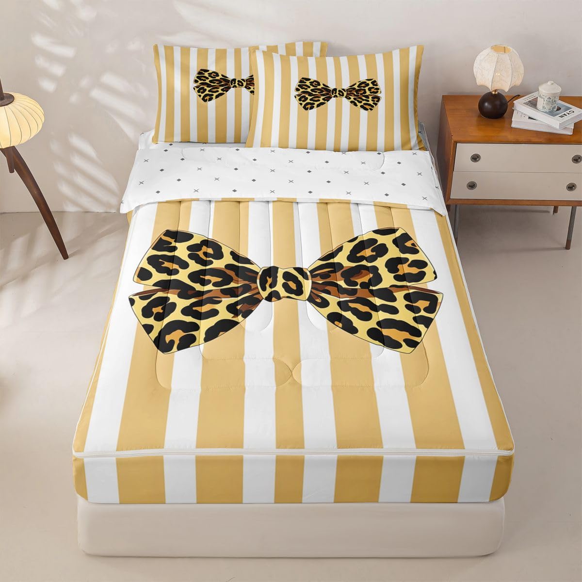 jejeloiu Girls Bow Comforter Set Twin Size Zipper Bedding Set for Girls Boys Brown Leopard Bowknot Comforter with Fitted Sheet, Pillowcases Yellow White Stripes Zipper Bedding Soft Bed in a Bag