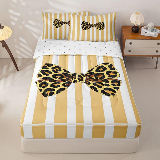jejeloiu Girls Bow Comforter Set Twin Size Zipper Bedding Set for Girls Boys Brown Leopard Bowknot Comforter with Fitted Sheet, Pillowcases Yellow White Stripes Zipper Bedding Soft Bed in a Bag