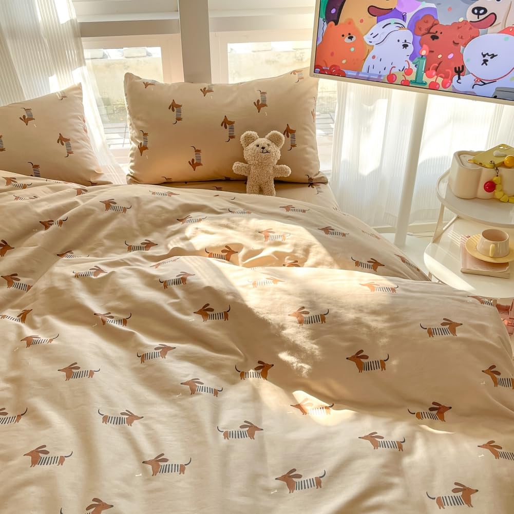 LIWHENHAO Dachshund Duvet Cover Set Twin 100% Cotton Bedding Cartoon Red Cute Dog Puppy on Brown 1 Kawaii Animal Pet Comforter Cover Zipper Closure 2 Pillowcases for Kids Girls Boys