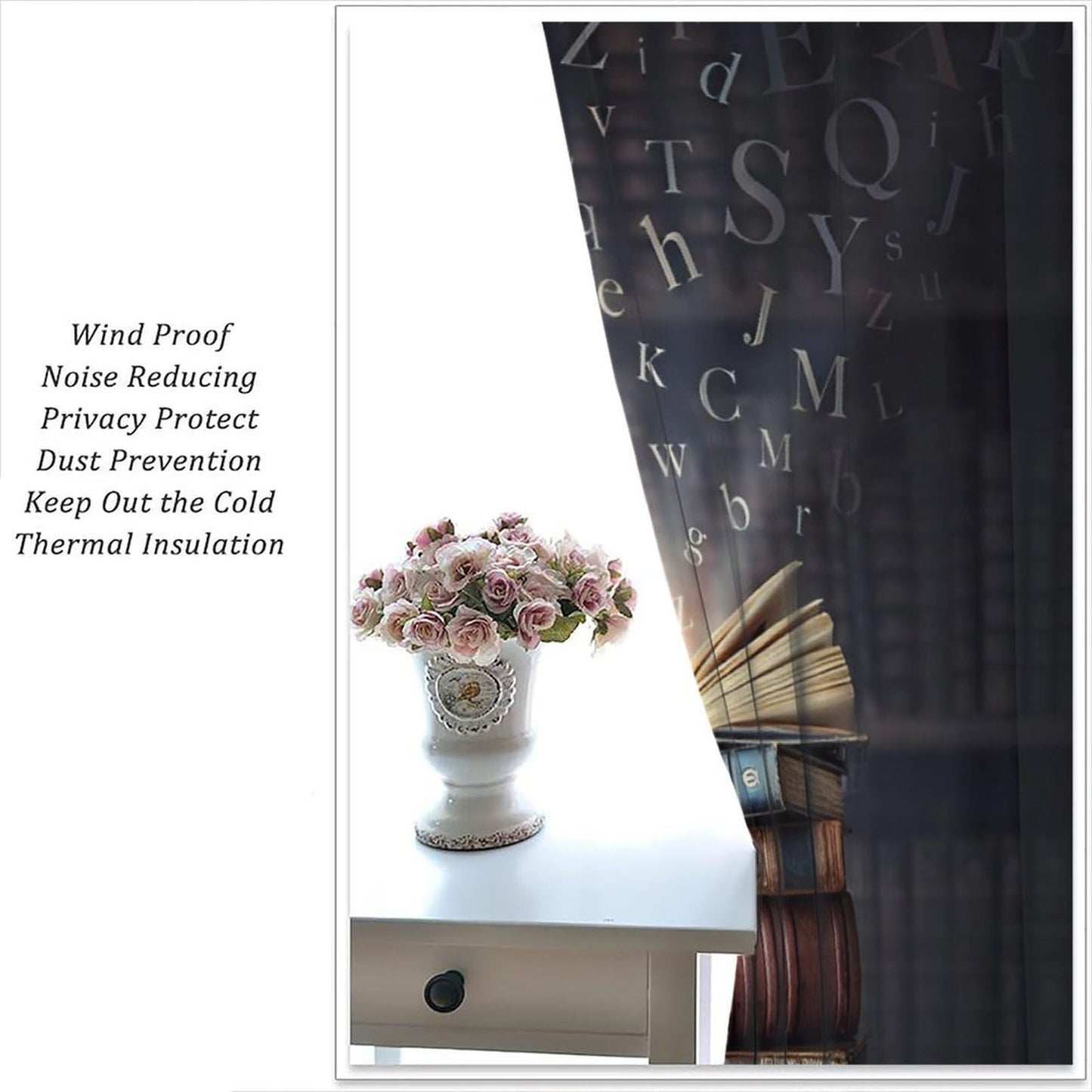 Nsbul Book Stack Curtains Mystical Alphabet Open Book Design Window Treatment Vintage Bookshelf Window Drapes for Bedroom Living Room,42" W X 45" L (No Blackout)