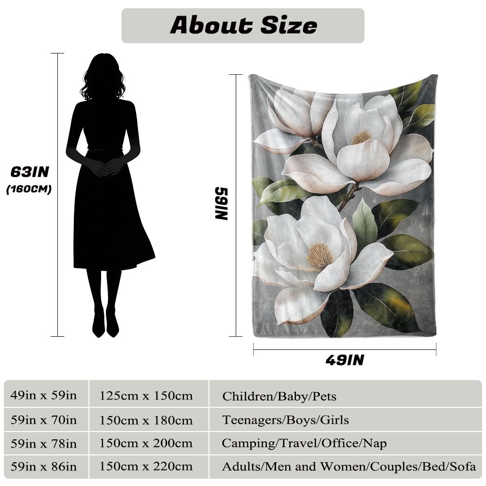 HUNXIAOJ Magnolia Blanket Flower Print Blanket Magnolia Floral Decor Warm Soft Flannel for Teens Adults Bed Sofa Couch (49in x 59in)