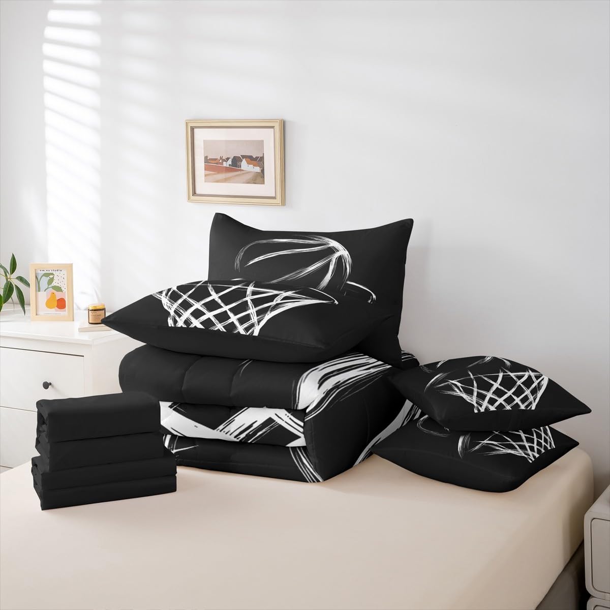 Erosebridal Basketball Hoop Queen Comforter Set with Sheets | Abstract Basketball 7-Piece Bedding Set Black and White Bed in a Bag, Chic Simplistic Monochrome European Sports Ball Bed Sets