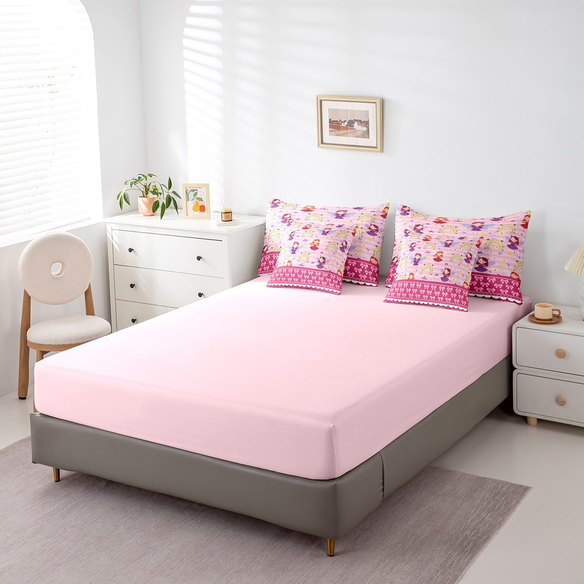 Erosebridal 7 Piece Magical Princess Kids Comforter Set King Bed in a Bag,Rainbow Girls Bedding Set for Child,Dreamy Pink Bowknot Sheet Set,Girly Cute Bow Bed Set,Pale Pink Stripes Duvet Insert