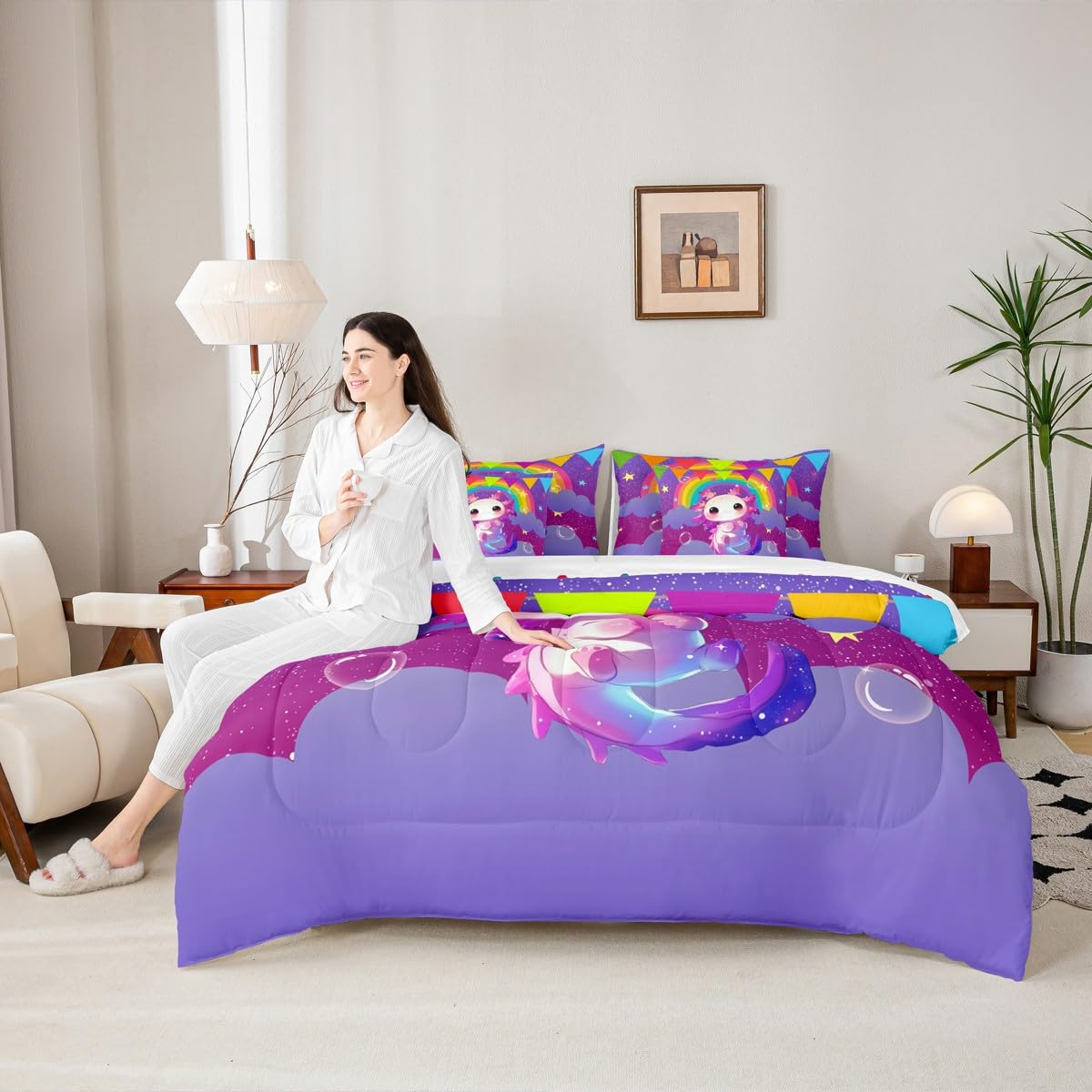 Erosebridal Girls Axolotl Queen Comforter Set Kids Cute Rainbow Axolotl Bed in a Bag with Flat and Fitted Sheet Kids Cartoon Kawaii 7-Piece Bedding Set Galaxy Stars Fantasy Quilt Duvet Sets,Purple