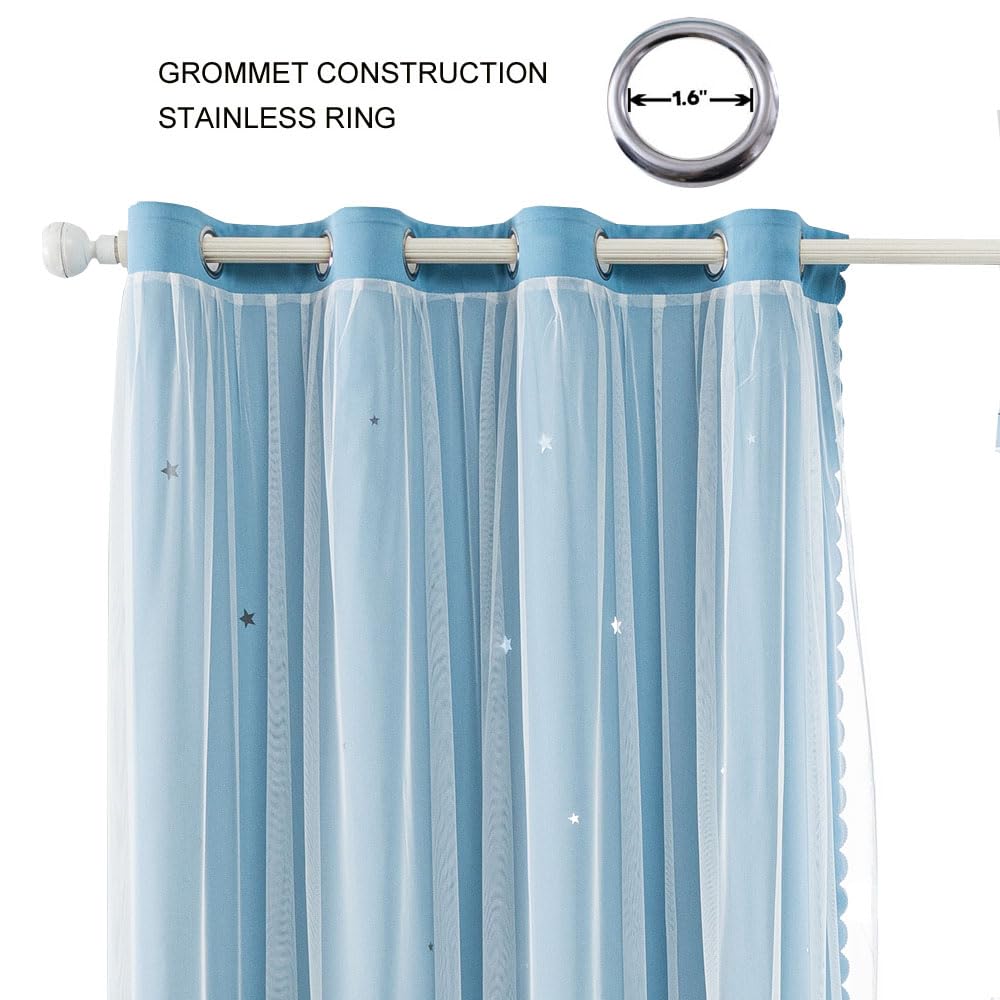 FANLI 2 Panels Star Blackout Curtains for Kid Girls Bedroom Living Room Darking Stripe Double Layer Star Cut Out Wall Home Decor Gradient Grommet Window Curtains (Blue 72L)