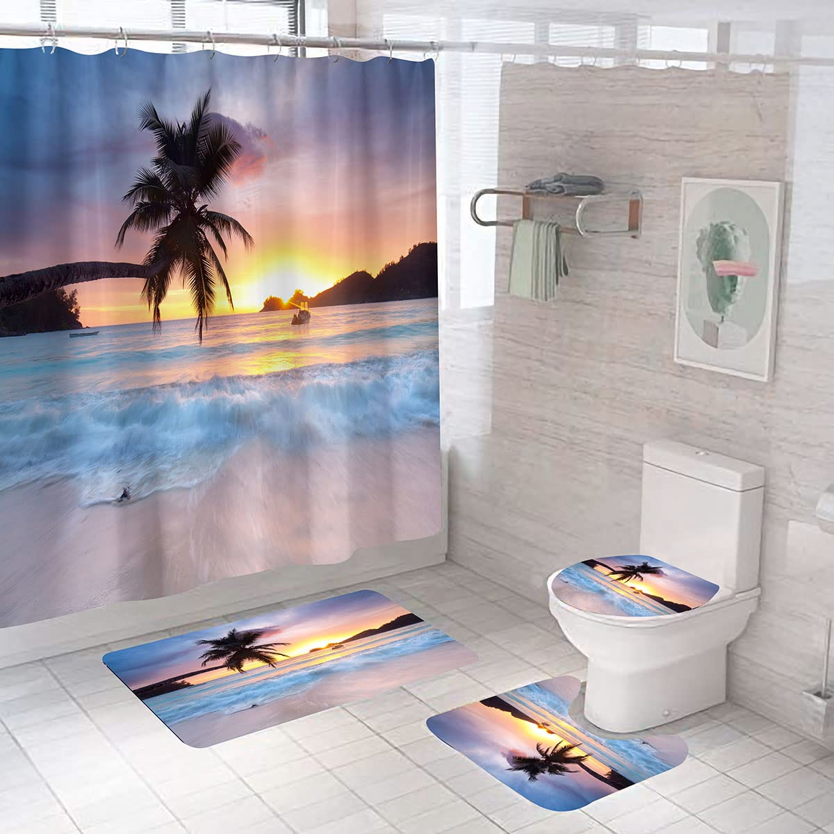 DDS-DUDES Beach Sunset Shower Curtain for Bathroom, Ocean Sunrise Tropical Palm Tree Scenery Waterproof Polyester Curtains 71WX71H Inch 12 Pack Hooks (Sunset 5)
