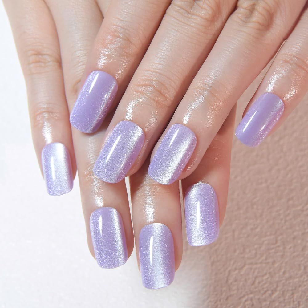 Orchid Purple Cat Eye Press on Nails Medium Square, Medium Square Press Stick on Nails Chrome for Women Gift, Orchid Holographic Glitter Glossy Reusable Acrylic Fake Nail with Cateye Effect Designs