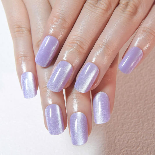 Orchid Purple Cat Eye Press on Nails Medium Square, Medium Square Press Stick on Nails Chrome for Women Gift, Orchid Holographic Glitter Glossy Reusable Acrylic Fake Nail with Cateye Effect Designs