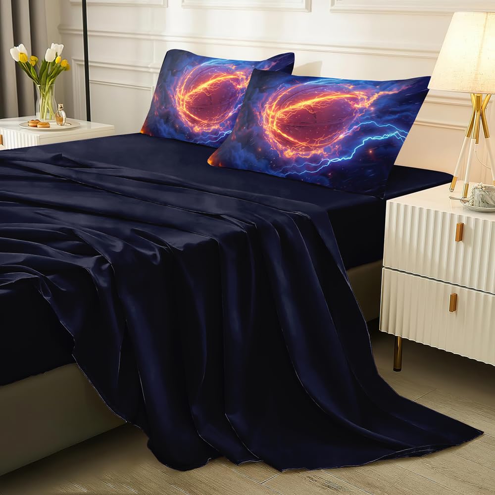 RUPSLO 5 Pieces Basketball Comforter BeddingTwin,Fire and Ice Basketball Theme Sports Comforter Set Twin,Boys Basketball Bed Set with Sheets(Blue)