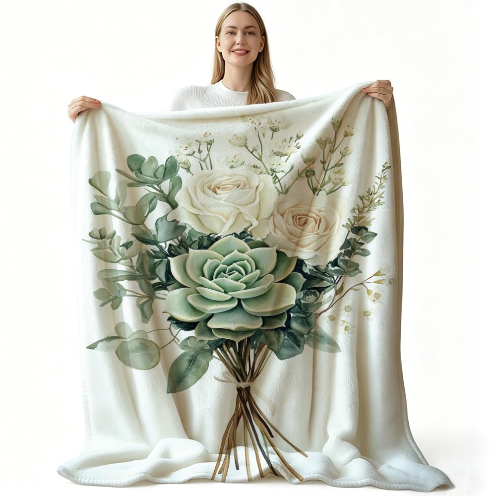 HUNXIAOJ Botanical Throw Blanket Green Leaves Blanket Plant and Floral Decor Botanical Bedding Warm Soft Flannel for Bed Sofa Couch (49in x 59in)