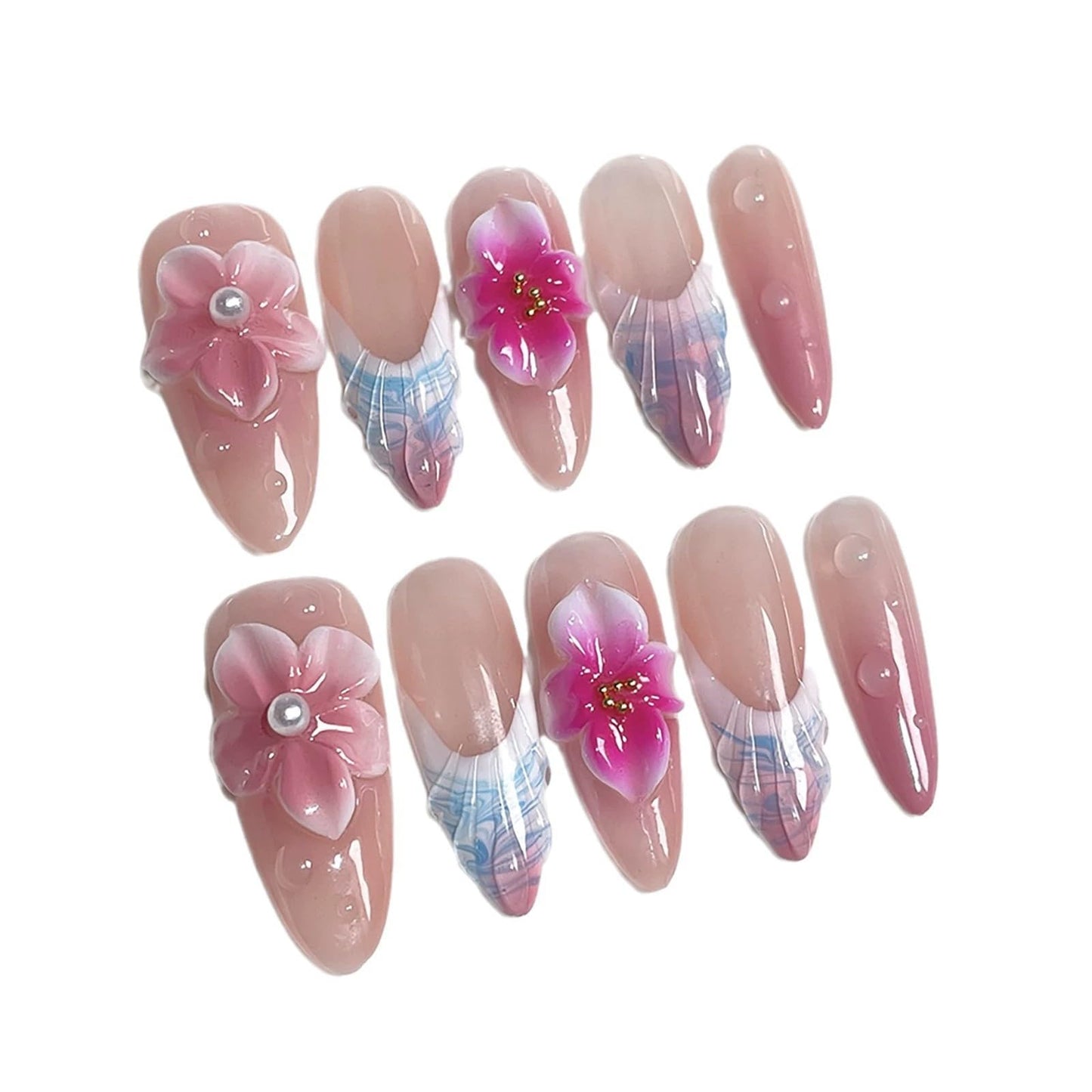 3D Floral Handmade Press on Nails Long Almond Press-On Nails Pink French Tip Fake Nails with Pearl Flower Design Reusable Acrylic Nails Press Ons Sparkly False Nails for Women Manicure (Size M)