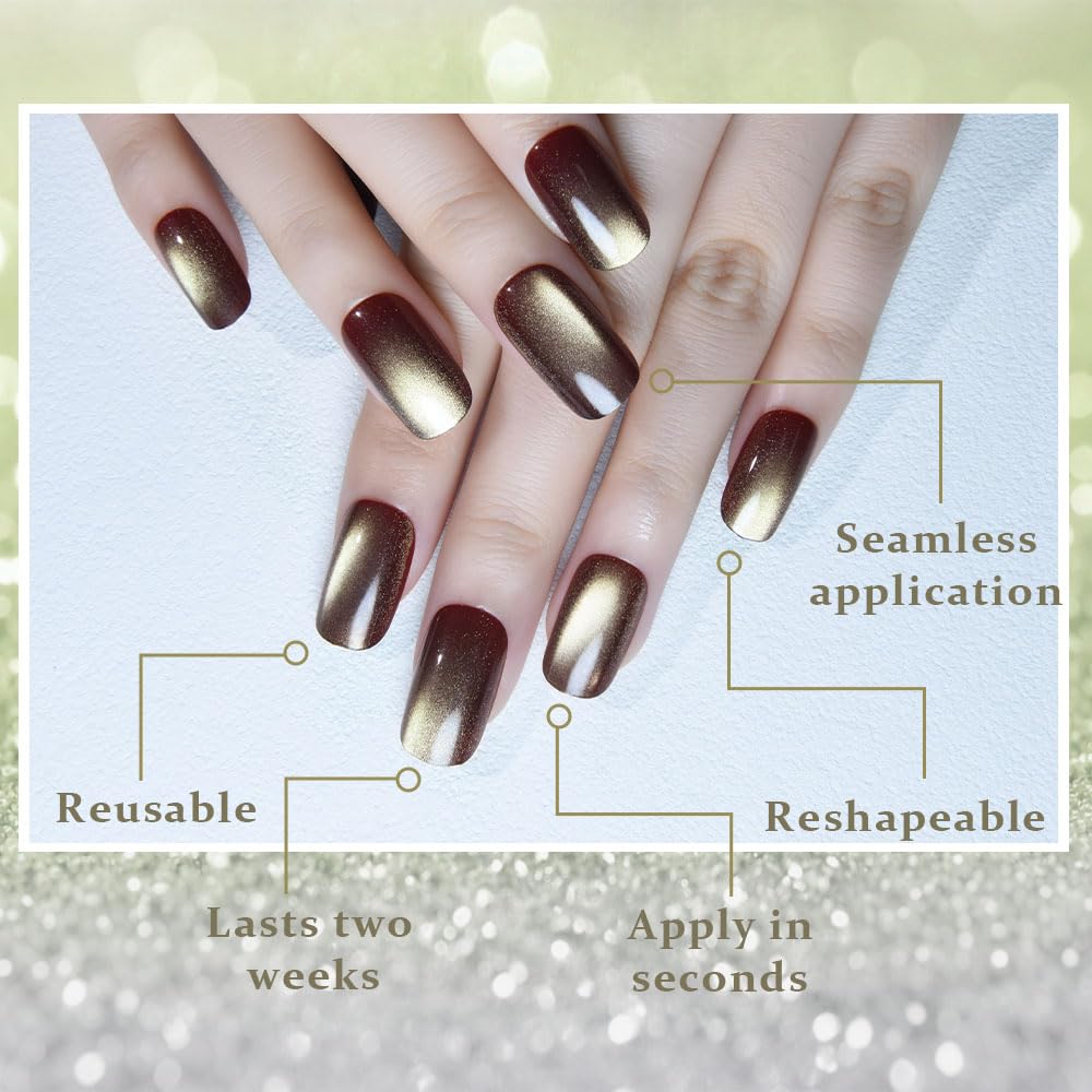 Brown Khaki Reflective Cat Eye Press on Nails Medium Square, Medium Square Press Stick on Nails Chrome for Women, Holographic Glitter Glossy Reusable Gel Acrylic Fake Nail with Designs Cateye Effect