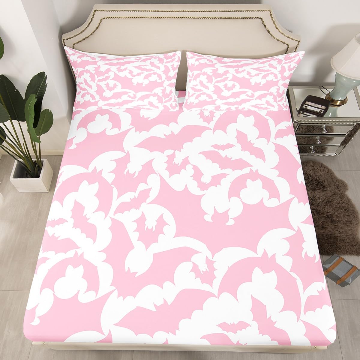 Castle Fairy Halloween Themed Bed Sheet Set for Boys Girls,Pink Bats Wild Animal Print Bed Sheet Set Full Size Bedding Set,Pink White Color Fitted Sheet and 1 Flat, 2 Pillow Sham