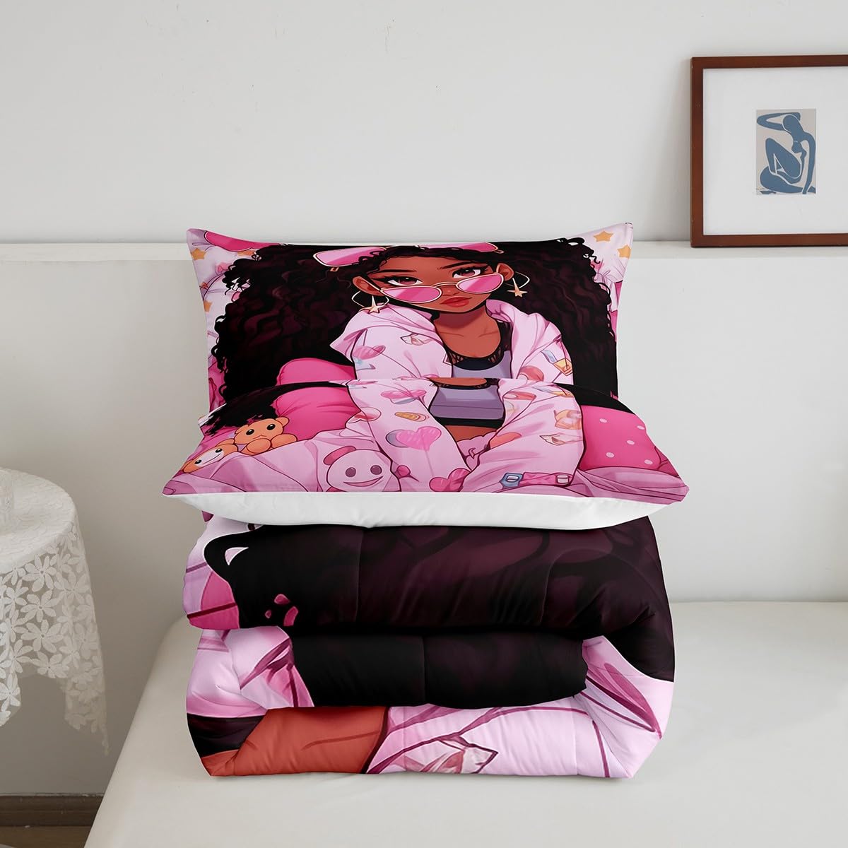 Black Little Girl Kids Comforter Set Full Size,Cartoon Bears Love Heart Dots Bedding Set,Girls Women Room Decor,Afro American Style Girls Down Comforter,Pink Princess Duvet Insert,2 Pillowcases