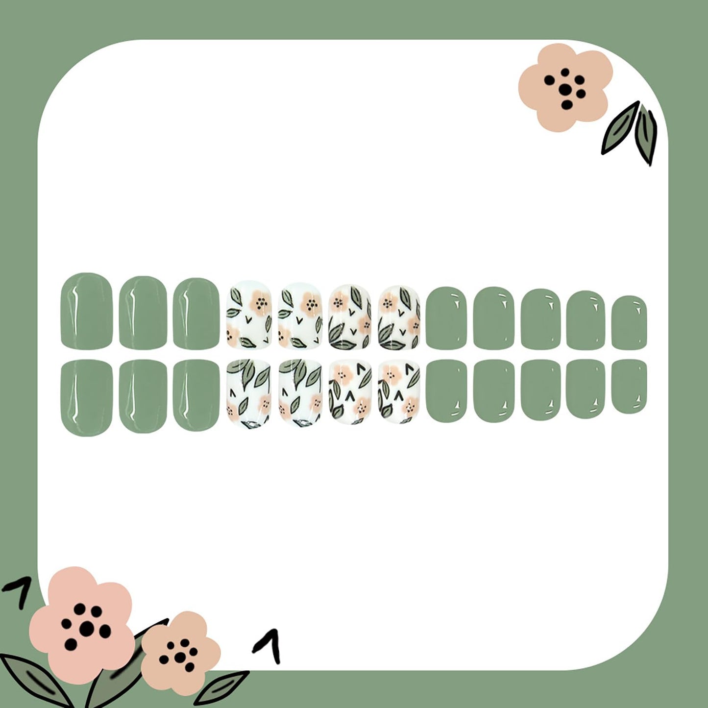 Green Flower Press On Nails Short Oval Fake Nails Artificial Acrylic False Nails With Leaf Designs Spring Glossy Nails Press Ons Full Cover Glue On Nails Short Stick On Nails For Women Girls