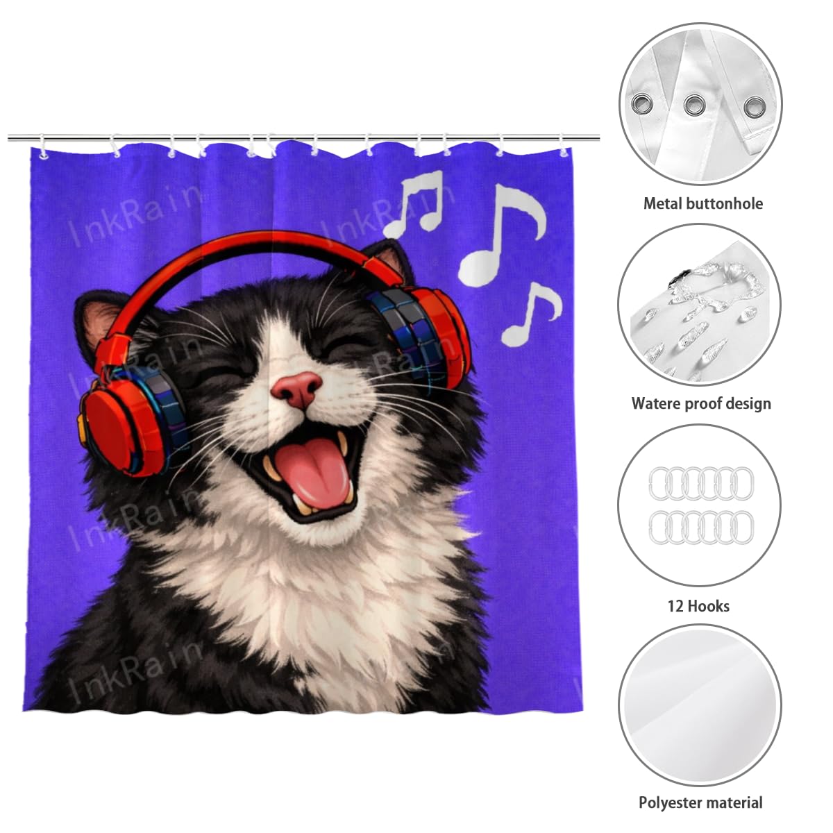 InkRain Funny Shower Curtain with 12 Hooks Tuxedo Cat with Headphones Bathroom Decor Waterproof Polyester Fabric Machine Washable Bath Curtain 72x72 Inch