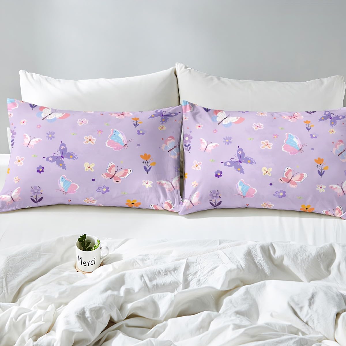 Erosebridal Purple Floral Twin Fitted Sheet,Cute Butterfly Bedding Set for Kids Girls Teen,Coquette Flower Bed Set,Dreamy Flowers Garden Bed Sheets 2Pcs Bedroom Decor (No Flat Sheet)