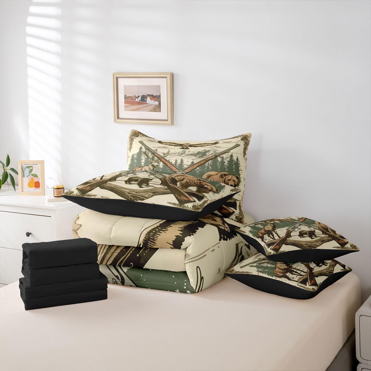 Erosebridal Shotguns 7 Piece Bedding Set Queen Hunting Comforter Set with Sheets Mountain Pine Cone Trunk Woodland Bed in a Bag Bear Deer Eagle Pattern Hunt for Teens Men Women
