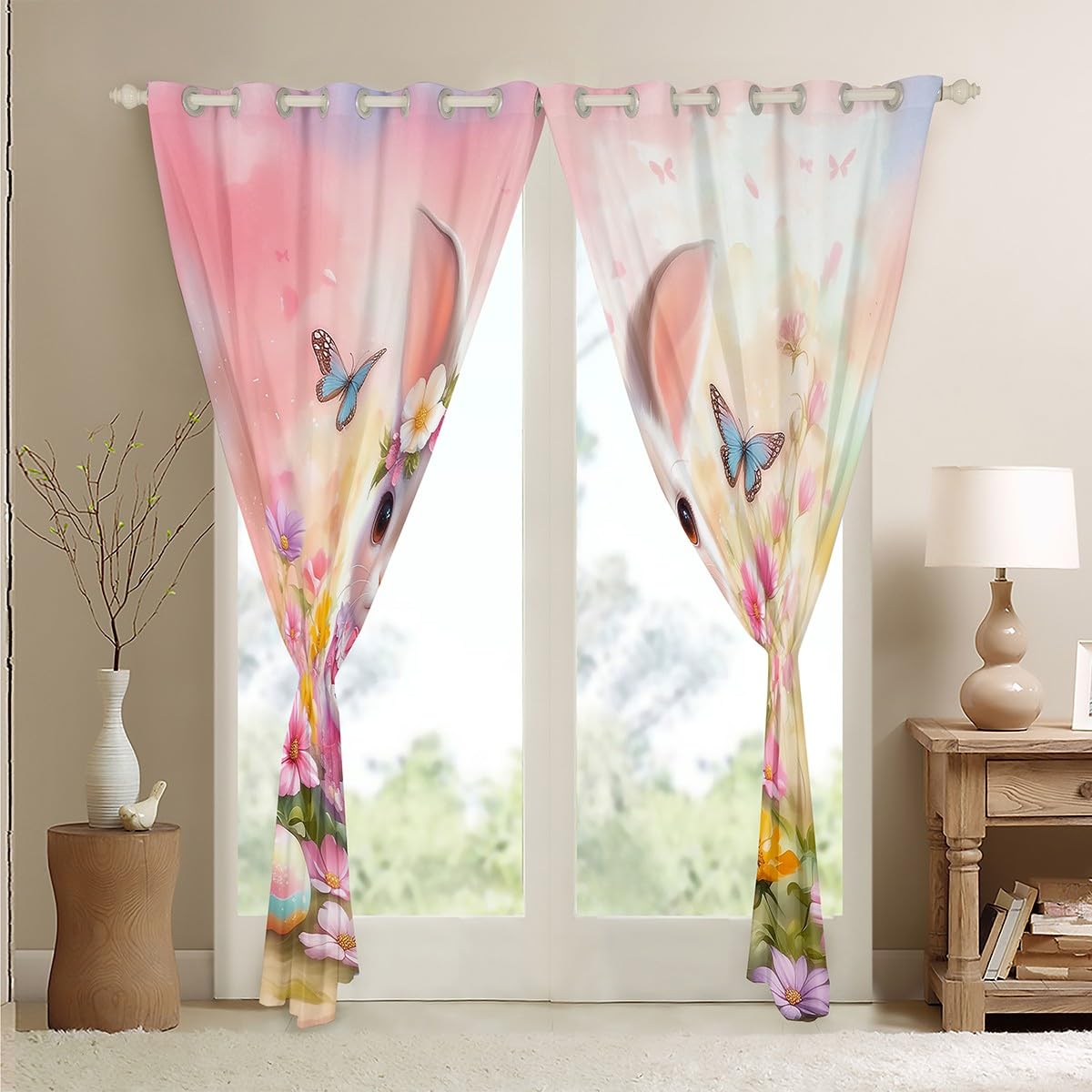 Feelyou Pink Cute Rabbit Curtains,Dreamy Princess Rabbit Window Curtains for Bedroom Living Room,Floral Bunny Rabbit Window Drapes,Happy Easter Blackout Curtains, 42W X 84L,2 Panels