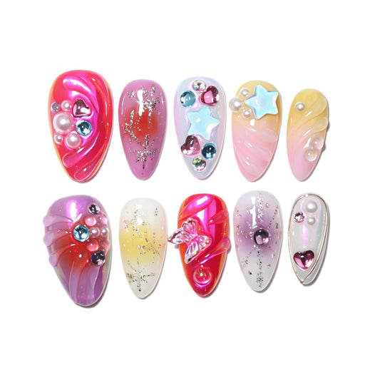 EasierGlow 10 Pcs Handmade Short Almond Press On Nails - Easy Apply & Remove, Reusable & Salon Quality | Y2K Multicolor Press Ons with 3D Butterfly, Star & Swirl Sculpted Accents(UO07, S)