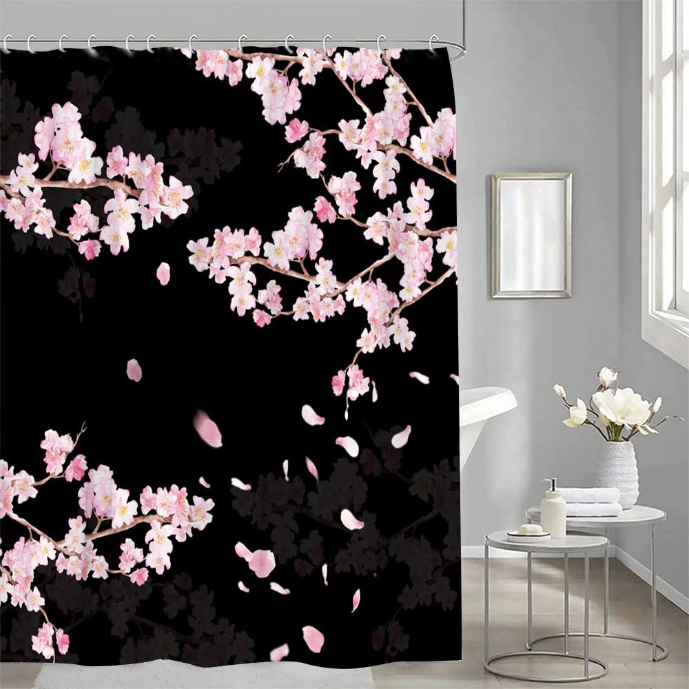 YSSFAV Cherry Blossom Shower Curtain Pink Plum Flower Asian Japanese Aesthetic Black Bathroom Decor Curtains Set with Hooks, 70" W x 70" H