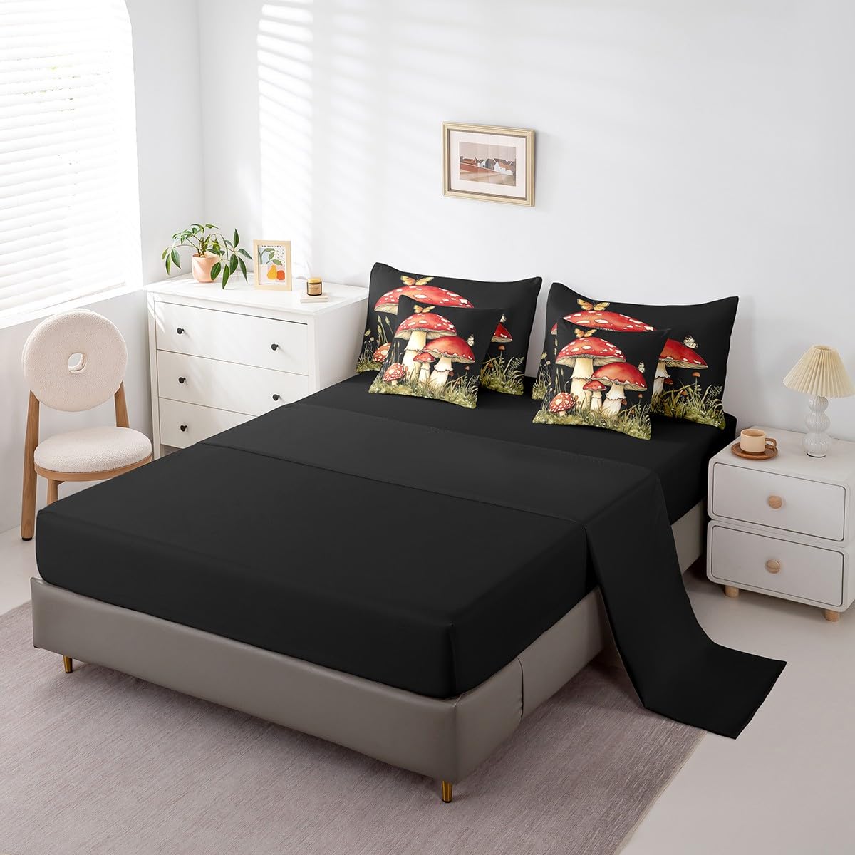 Erosebridal Mushroom Comforter Set King Size,Flying Butterflies Bedding Set for Kids Teens,Cute Red Fungus (Comforter+Fitted+Flat Sheet+2 Pillowcases+2 Throw Pillow Covers) 7 Pieces Bed Set