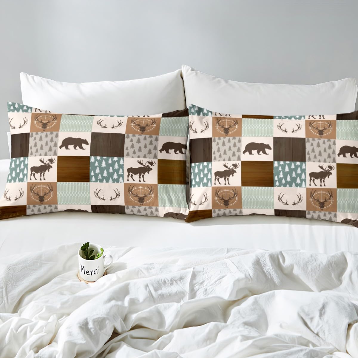Castle Fairy Wild Animal Hunting Fitted Sheet Full Size,Rustic Bear Deer Antler Arrow Patchwork Bed Set for Girls Teens Room Plaid Retro Country Board Polyester Bedding with Flat,Fitted,2 Pillowcases