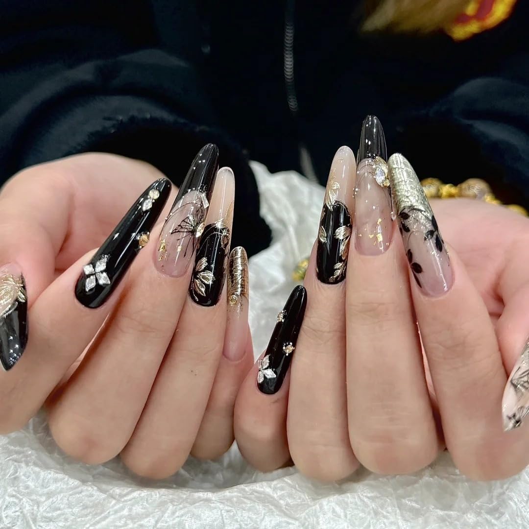 TENPAL 10Pcs Heirloom Chinese Bridal Press On Nails With Tools,Red Gold Phoenix Dragon Designs Fake Nails Long Stiletto,Full Crystals Heavy Relief Luxury Wedding Set Glue on Nails for Cheongsam(S)