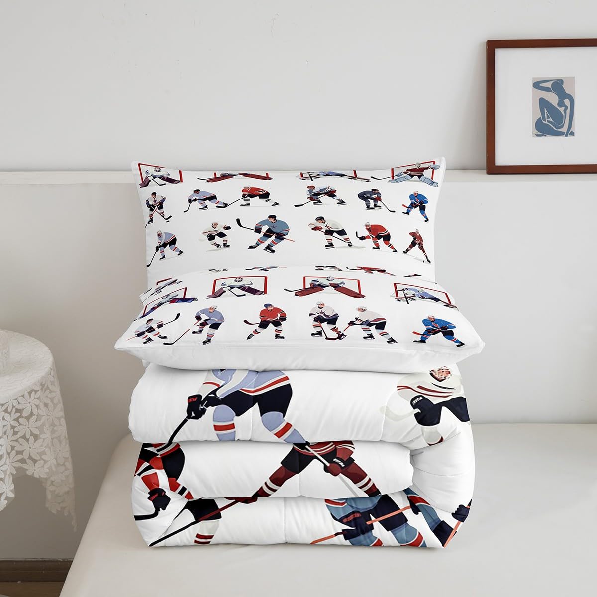 Feelyou Ice Hockey Bedding Set Kids Sports Event Comforter Set Hockey Player Comforter for Boys Room Decor Lightweight Duvet Set Twin with 1 Pillow Case