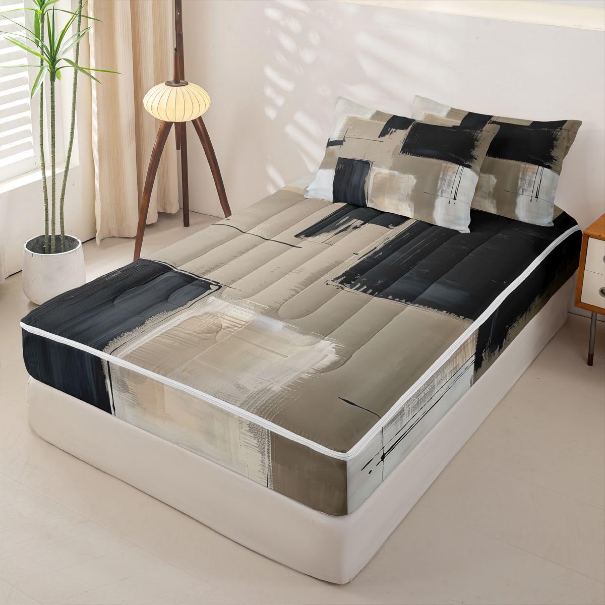 jejeloiu Abstract Twin Zipper Bedding Set Modern Art Kids Comforter Set with Fitted Sheet and 2 Pillowcases Black and Brown Bed in a Bag Zip Up Bedding Soft Microfiber