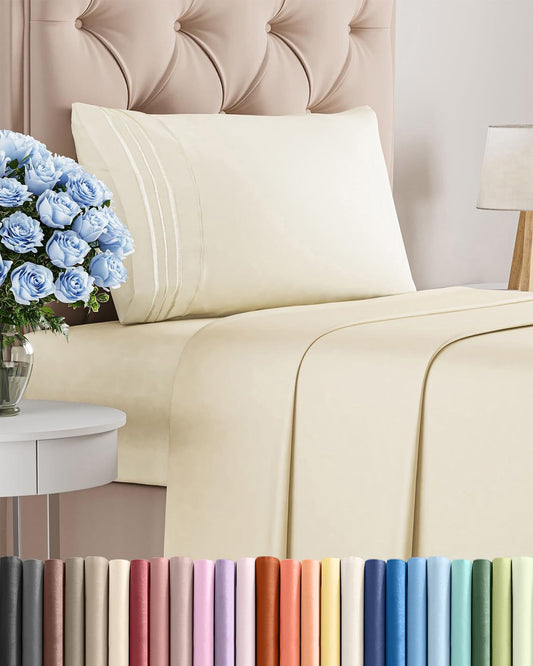 Twin Size 3 Piece Sheet Set - Comfy Breathable & Cooling Sheets - Hotel Luxury Bed Sheets for Women & Men - Deep Pockets, Easy-Fit, Extra Soft & Wrinkle Free Sheets - Off White Oeko-Tex Bed Sheet Set