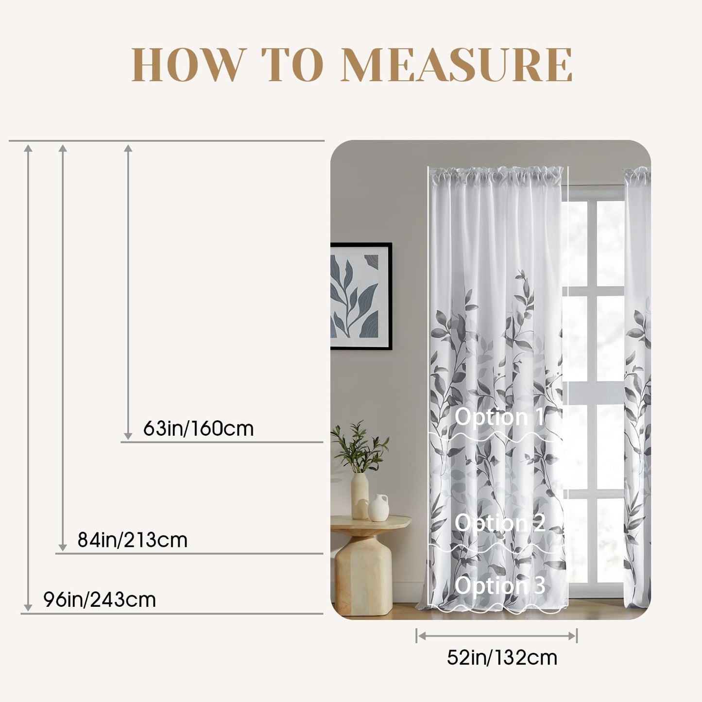 HOMEIDEAS Non-See-Through Light Grey and White Privacy Sheer Curtains 52 X 63 Inch Length 2 Panels, Leaf Floral Printed Light Filtering Semi Sheer Window Curtains Drapes for Bedroom Living Room