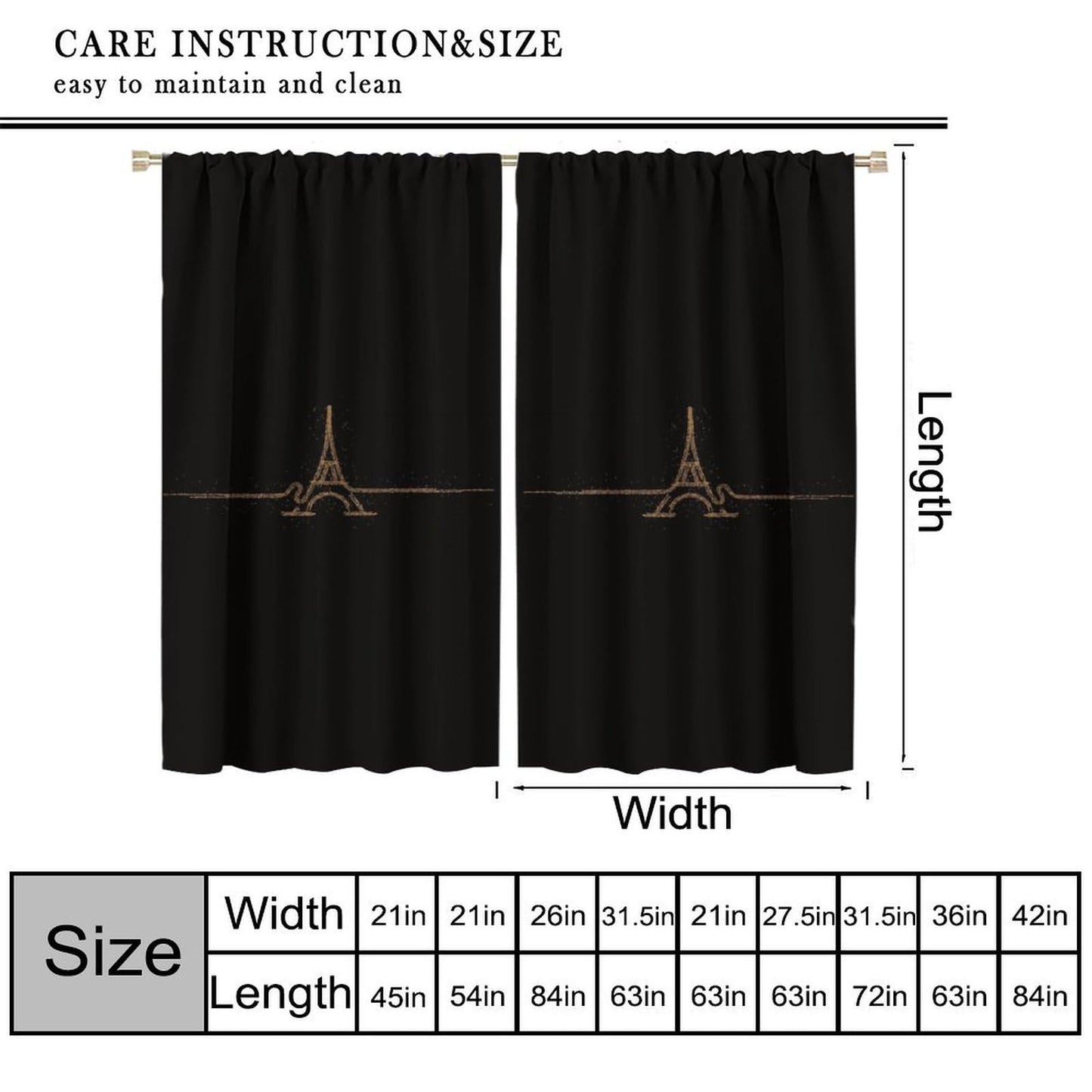 Fblifil Simple Luxury Eiffel Tower Curtain Black Background, Gold Eiffel Tower, Exquisite Home French Romantic Printed Rod Pocket Window Treatments for Bedroom Living Room Decor 42" W X 45" L