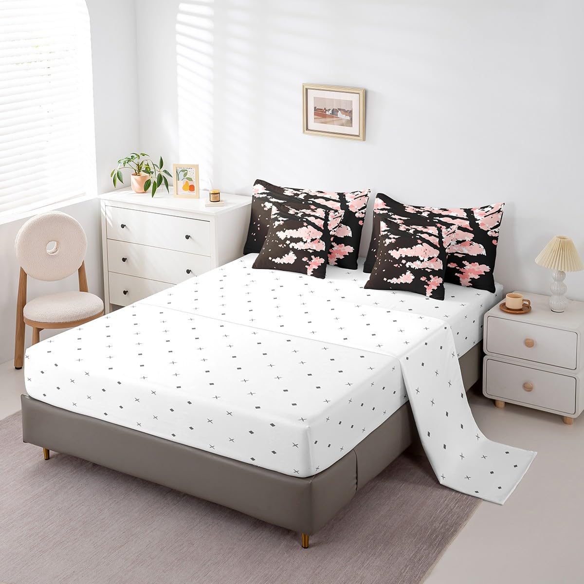 Erosebridal 7 Piece Cherry Blossoms Bed in a Bag for Adult Women Japanese-Style Pink Sheet Set Romantic Theme Bedding with Comforter Girls Boys Teens Botanical Flowers Cushion Covers, Full Size