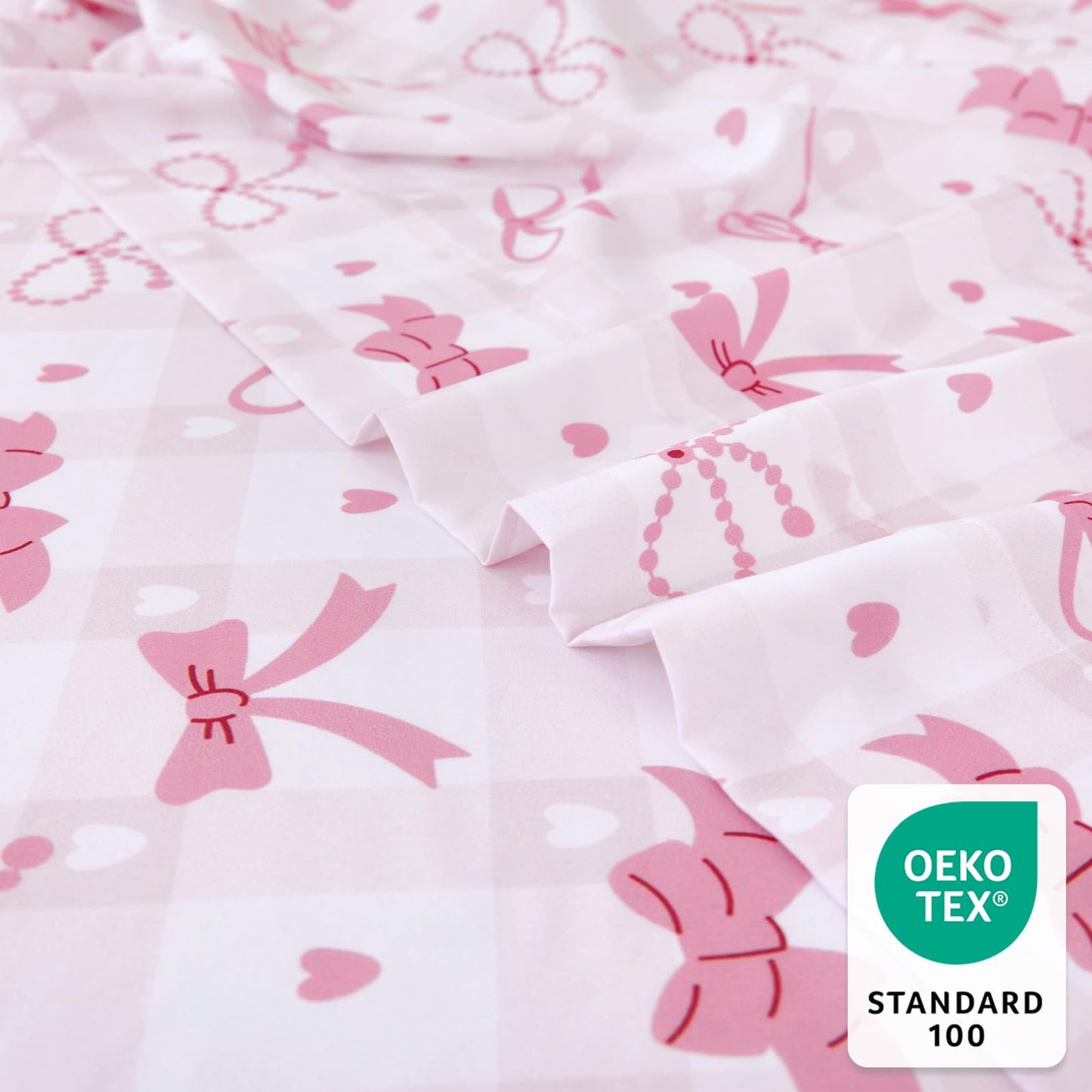 Homilay Full Sheet Set Kids - Pink Check 4 Pieces Soft Microfiber Cartoon Style Bedsheets for Boys Girls Teens, Oeko TEX Breathable 15 Inch Deep Pocket Sheets(Pink Bow)
