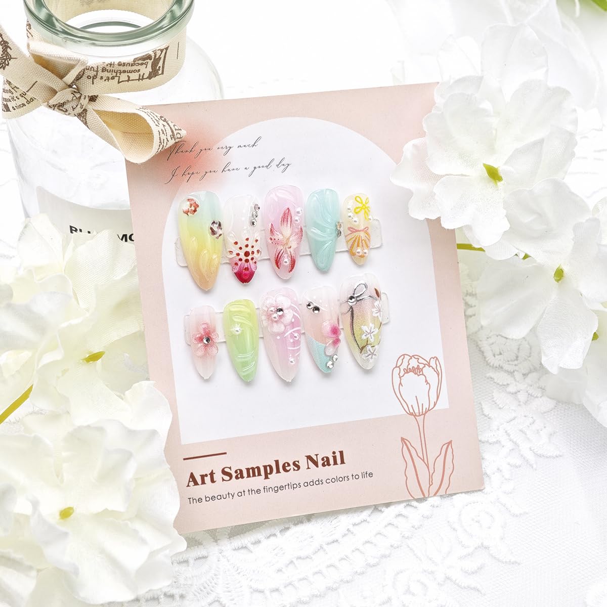 24 Pcs Flower Press on Nails Medium Almond French Tip Fake Nails 3D Flowers Bow Rhinestones Glitter Designs Full Cover Spring Summer Stick on Nails Handmade False Nails for Women Acrylic Nail Salon