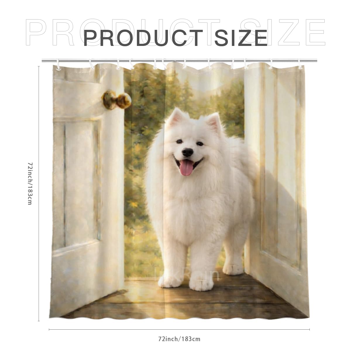 InkRain Samoyed Shower Curtain Rustic Doorway Forest Scenery Bathroom Decor Waterproof Polyester Fabric with 12 Hooks 72x72 Inch