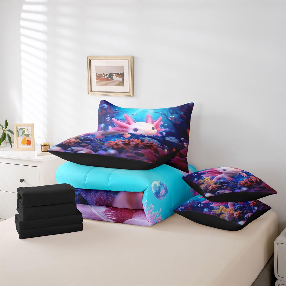 Erosebridal Kids Axolotl Queen Bedding Set for Boys Girls Underwater Axolotl Comforter Set with Flat and Fitted Sheet Coral Reef Seabed World 7-Piece Bed in a Bag 3D Reality Reptile Animal Quilt Sets