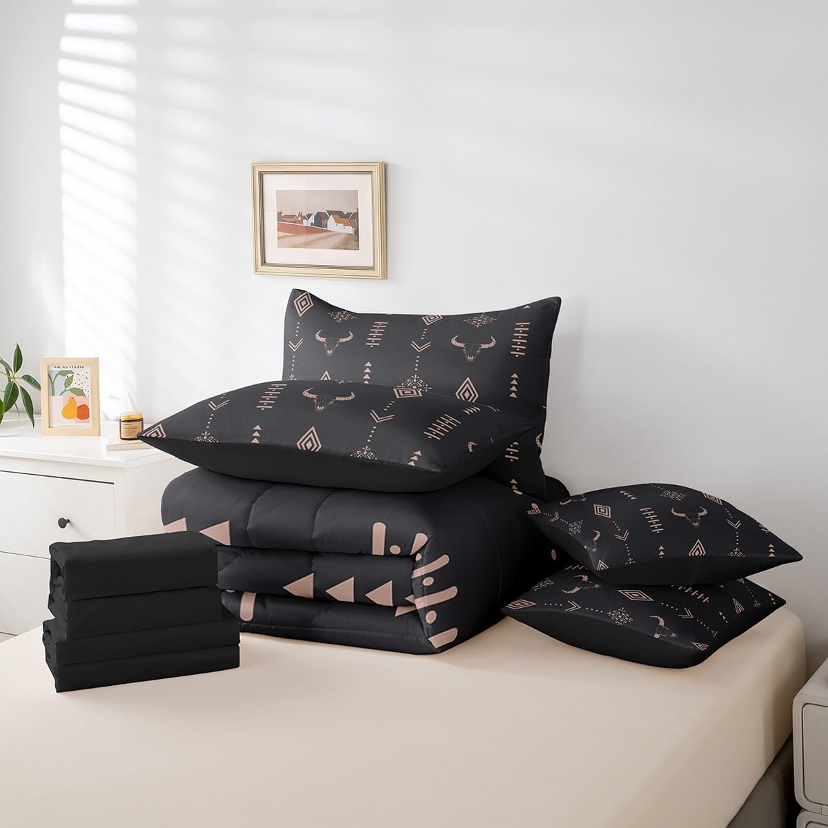 Feelyou Western Comforter Set 7 Pieces Twin Size Kids, Cow Skull Bedding Set Boys Girls, Wild West Rustic Southwestern Bed in a Bag,Comforter + Sheets + Pillowcases + Cushion Covers