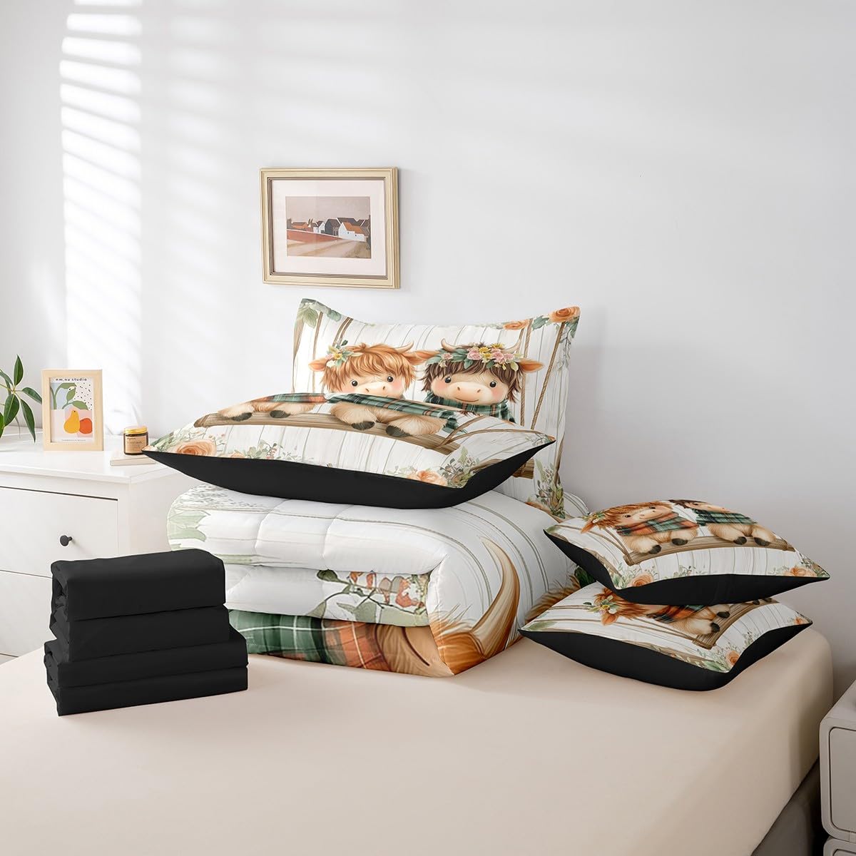 Erosebridal King Comforter Set for Kids,7 Pieces Highland Cow Bedding Sets King Bed in a Bag,Reversible Western Cow Bed Set,Farmhouse Animal Comforter, Sheets, Pillowcases and Cushion Cases