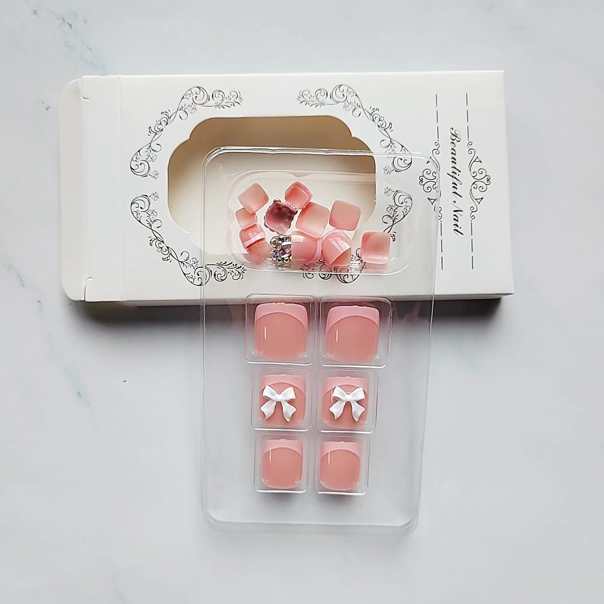 24Pcs Pink French Tip Press on Toenails Full Cover Short False Toenails with 3D Bow Charms Design Glossy Square Acrylic Toenails Diamond Toe Nail Tips Glue on Toenails for Women and Girls Toenail Art