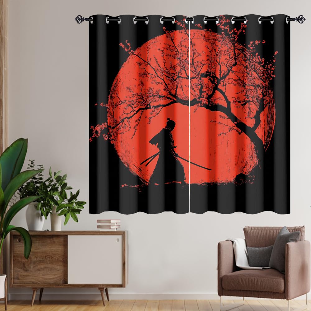 XSUPFLYM Rustic Vintage Japanese Samurai Privacy Blackout for Living Room Curtains Beautiful Abstract Cherry Blossom Tree Red Sun Pattern Curtains Top Grommets Window Treatment 2 Panels 21" W x 45" L