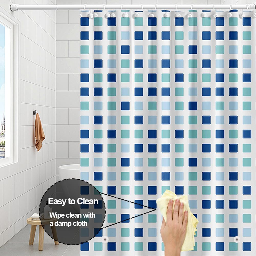 Myratts Plastic Shower Liner - Premium PEVA 4G Shower Curtain Liner with Rustproof Grommets and 3 Weighted Magnets, Waterproof Shower Curtains for Bathroom (Blue-Green Square)