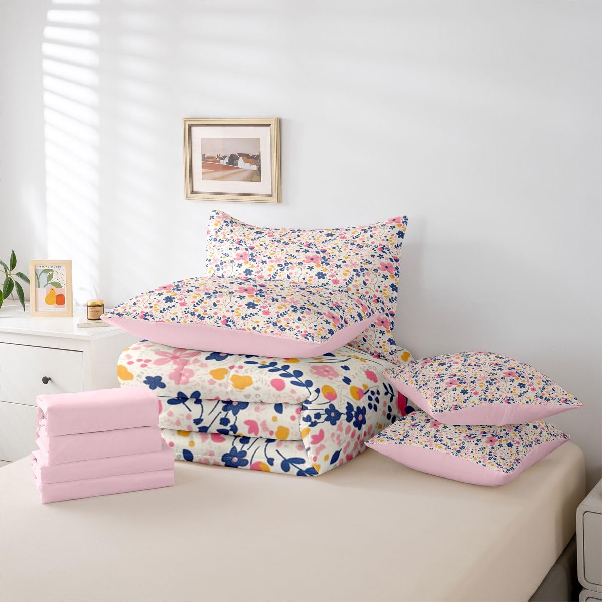 Erosebridal Floral Flowers Girly Pink Yellow 7 Piece Bedding Set Twin | Garden Botanical Comforter Set with Sheets Leaves Aesthetic Bed in A Bag Teens Women Adults Bed Sets