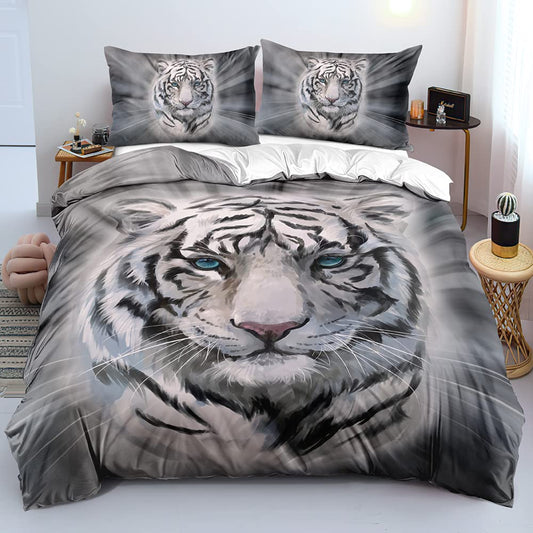 Holiyjog 3D Tigers Print Duvet Cover Set California King Size Gray Painting Tiger Animals Pattern Comforter Covers Little Tiger Pillow Shams Animal Deco Bedroom Bedding Set Gray Color Bed Set