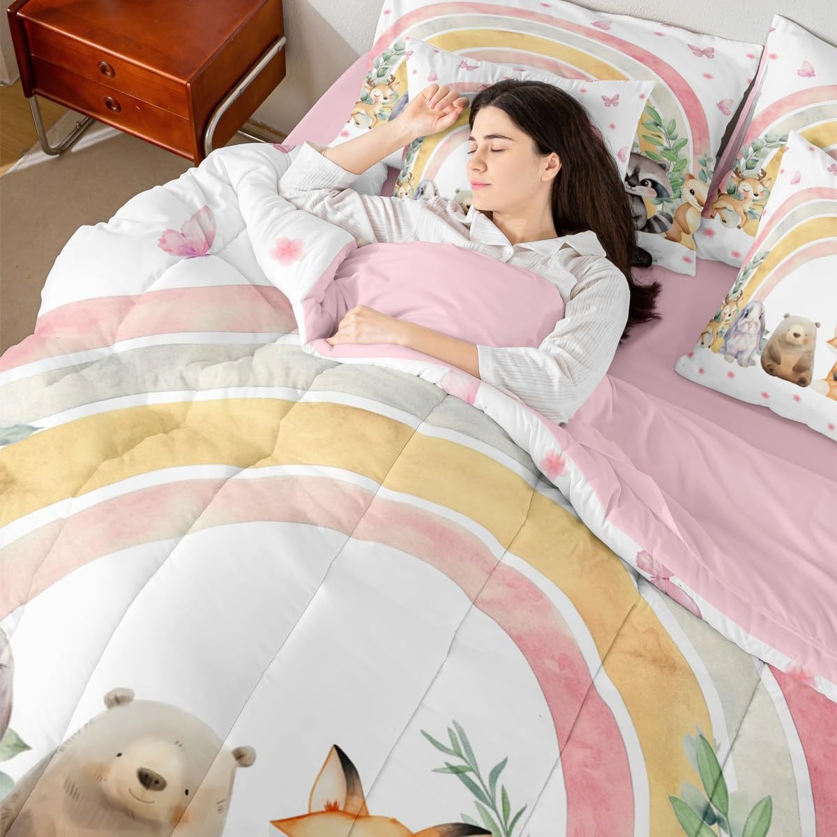 Erosebridal Cartoon Fox 7 Piece Bedding Set King Deer Comforter Set with Sheets Cute Bear Raccoon Otter Rabbit Floral Bed in a Bag Rainbow Butterfly Leaf Pattern for Kids Boys Girls